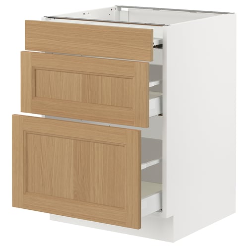 An ikea SEKTION kitchen base cabinet with three wooden drawers in a light oak finish.