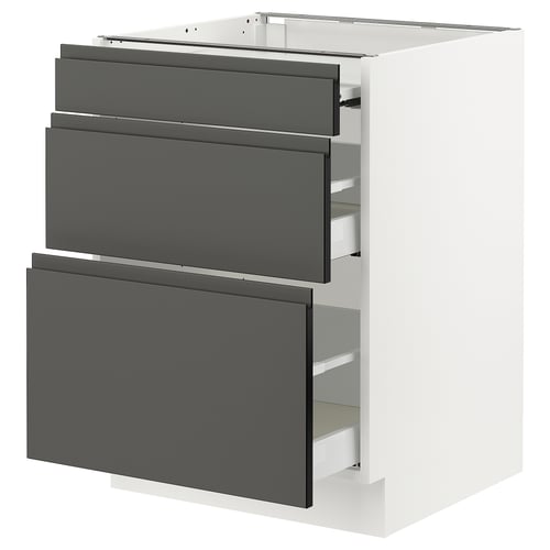 Modern white kitchen cabinet with three dark grey drawers.