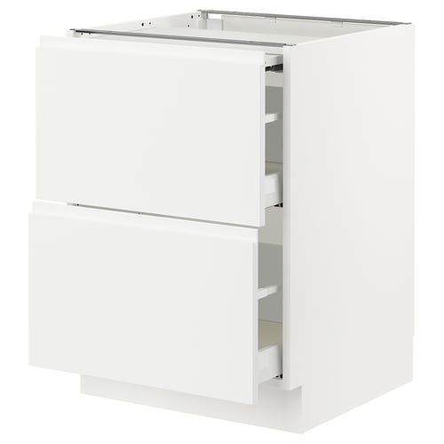 An ikea SEKTION white kitchen cabinet with integrated handles and smooth drawers.