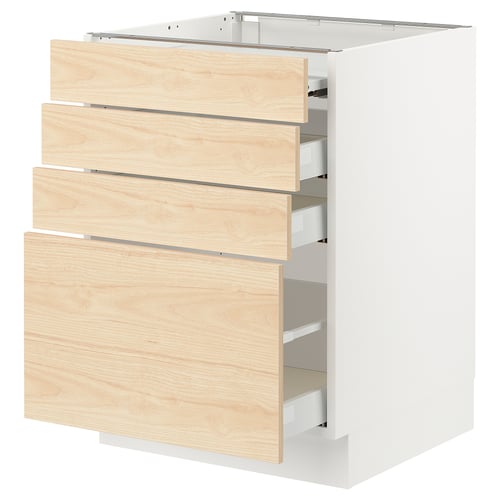 Elegant kitchen cabinet in light ash. Four drawers on a sturdy white base. Modern and natural design.