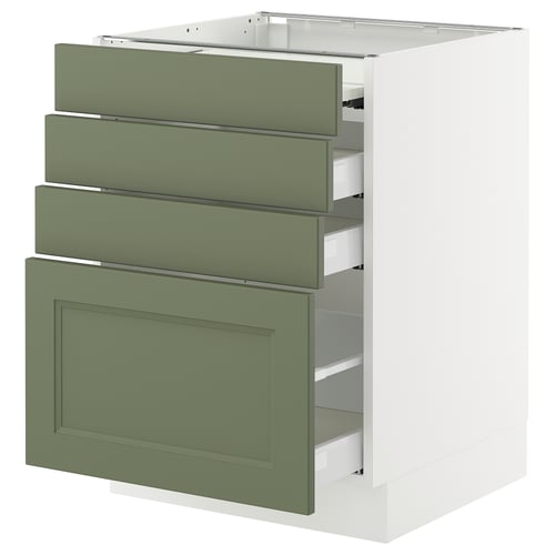 SEKTION kitchen unit in white and green. Has four drawers, top three open, bottom closed. Green panels and handles, white base.
