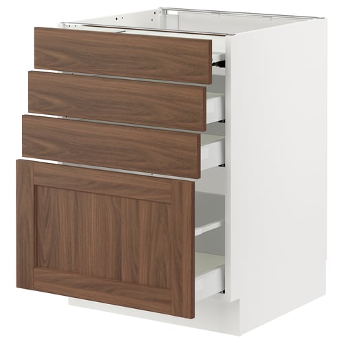 SEKTION kitchen cabinet with walnut wood drawers and white frame.