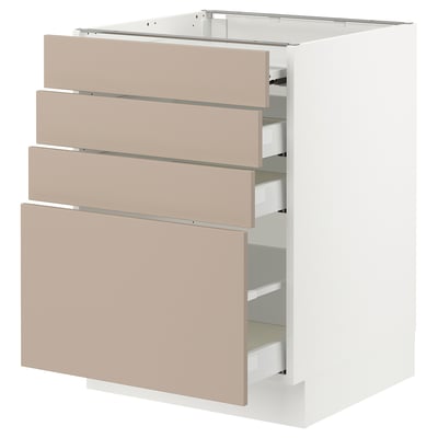 An ikea SEKTION kitchen cabinet with four beige drawers and one door, featuring a sleek, minimalist design.