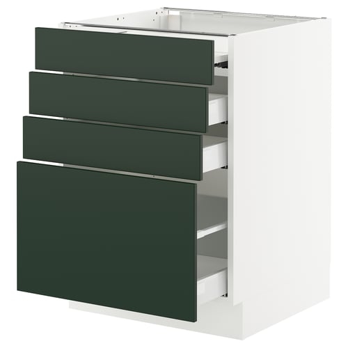 The SEKTION kitchen cabinet with dark green havstorp fronts, including multiple drawers and a pull-out work surface.