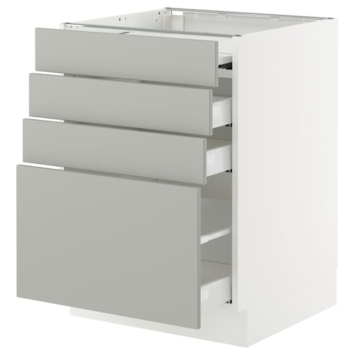 Ikea SEKTION light grey kitchen cabinet with four drawers, modern design.