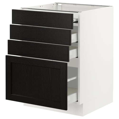 A SEKTION kitchen cabinet with four black-stained ash drawers and one door, featuring a traditional bevelled design and a sturdy white frame.
