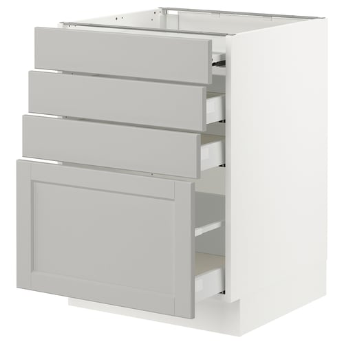 Grey IKEA SEKTION kitchen cabinet with 4 drawers and 1 door. Light grey with bevelled edges, solid birch.