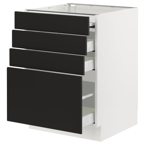 Modern white kitchen cabinet with four black drawers, sleek and minimalist design.