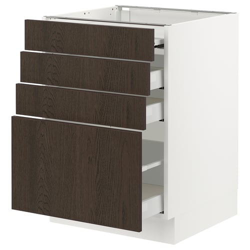 This image shows a white and dark brown cabinet with four drawers, designed for kitchen storage.