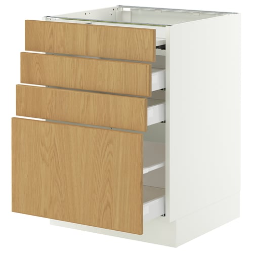 An ikea SEKTION kitchen cabinet with wooden drawers and a white frame. It has a modern design with full-extension drawers and a pull-out work surface.