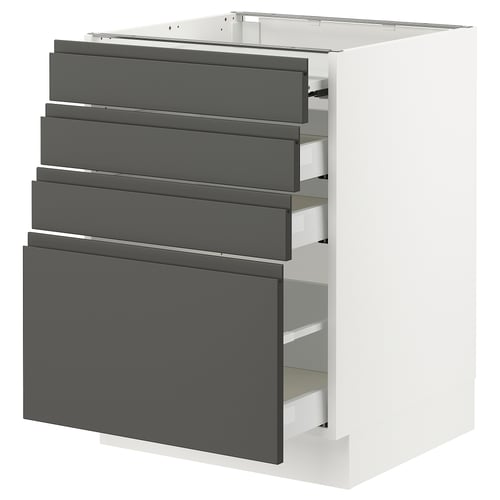 Modern kitchen unit, white & grey, four drawers, integrated handles.