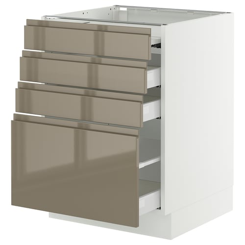 Modern kitchen cabinet with sleek, dark grey-brown drawers, shallow depth, high-gloss finish, and stainless-steel handles.