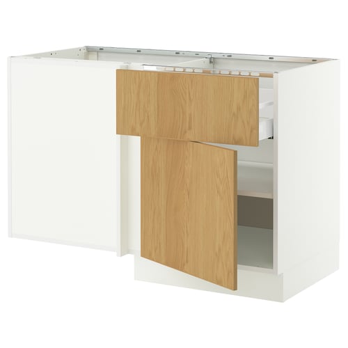 Oak veneer kitchen island, white trim. Includes corner storage.