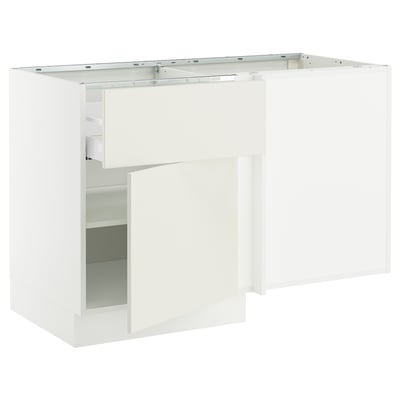 White ikea SEKTION kitchen corner unit with glass shelf.