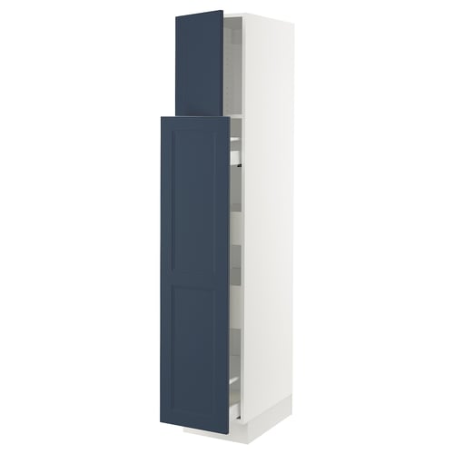 An ikea SEKTION kitchen cabinet in blue and white. It two adjustable shelves and a door that can swing either left or right.