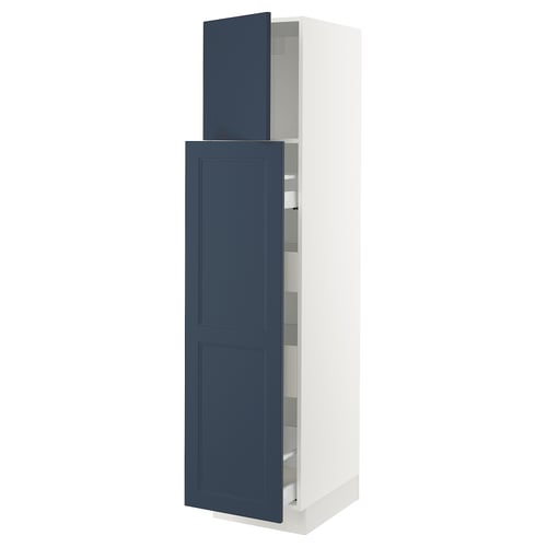 A tall white cabinet with blue doors and adjustable shelves.