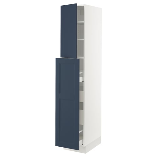 SEKTION kitchen cabinet in blue with white frame, tall and narrow, open door revealing shelves.
