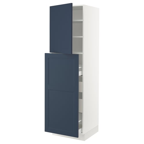 Blue & white kitchen cabinet, slim design, adjustable shelves.