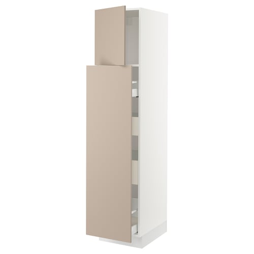Beige vertical kitchen cabinet by SEKTION with adjustable shelves.