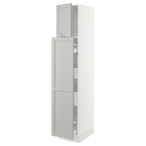 White SEKTION kitchen cabinet with bevelled light grey doors and adjustable shelves.