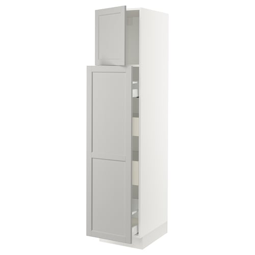 An ikea SEKTION kitchen cabinet in white with grey light grey lerhyttan fronts. It adjustable shelves and a soft-close door.