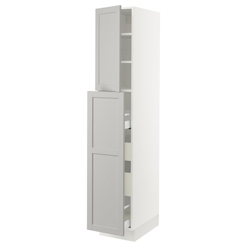SEKTION white kitchen cabinet with adjustable shelves and bevelled light grey doors.