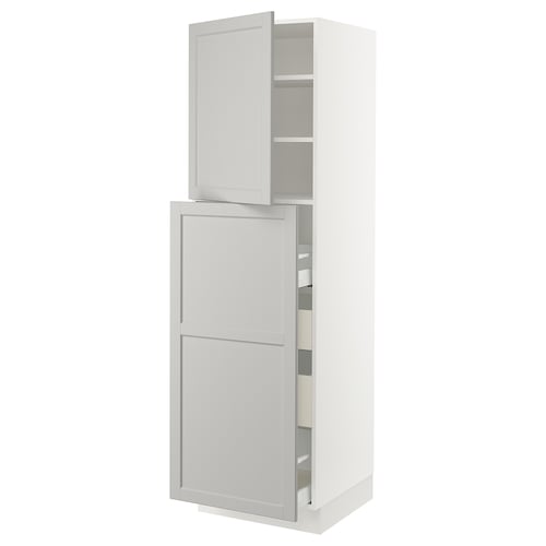 White SEKTION kitchen cabinet with pull-out shelves and adjustable shelves.