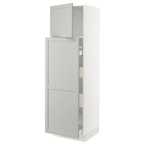 An open white ikea SEKTION kitchen cabinet with adjustable shelves. It grey lerhyttan fronts and a traditional design with bevelled edges.