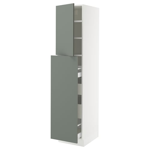 A tall, white SEKTION kitchen cabinet with blue-green doors and adjustable shelves. It has a modern design with a soft-closing mechanism.