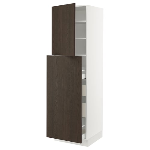 Dark brown wooden doors on white cabinet with shelves.