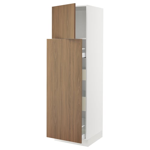A modern white ikea SEKTION tall kitchen cabinet with wooden doors in walnut finish. The top door is slightly open.
