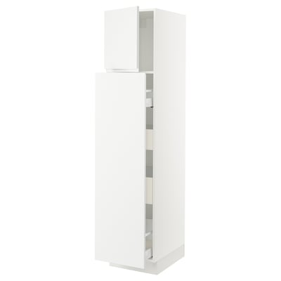 White vertical cabinet; modern minimalist design; matte finish; sleek doors, adjustable shelves.