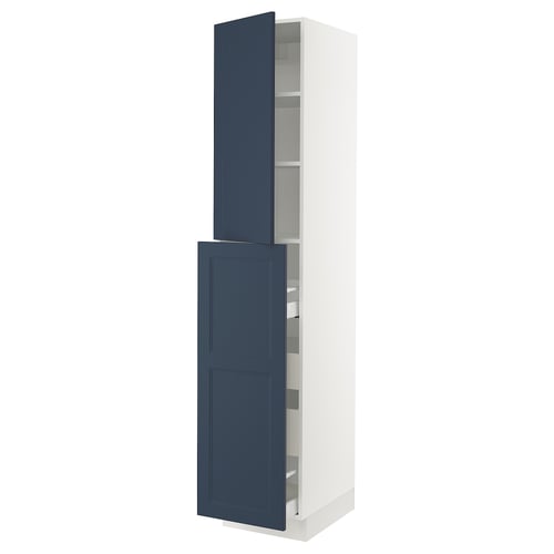 Blue and white tall kitchen cabinet with shelves and drawers.