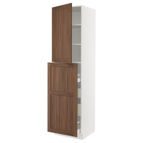 A white SEKTION kitchen cabinet with walnut-colored drawers and shelves.
