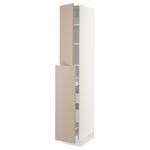 Tall white kitchen cabinet with beige doors, adjustable shelves, and soft-closing hinges.