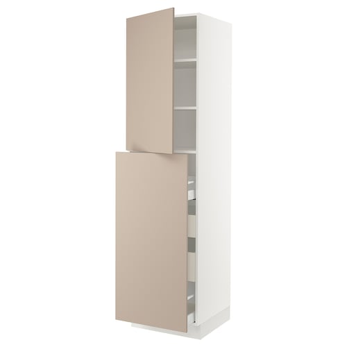 Modern kitchen cabinet in beige with adjustable shelves and drawers.