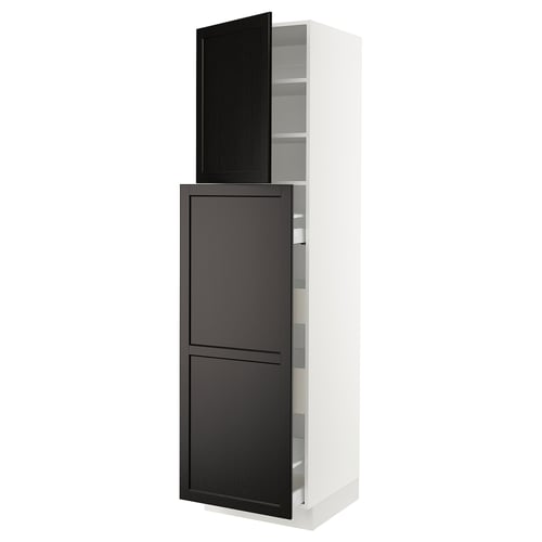 SEKTION kitchen unit. Tall white cabinet with black stained wood doors, bevelled edges. Top door ajar, adjustable shelves inside.