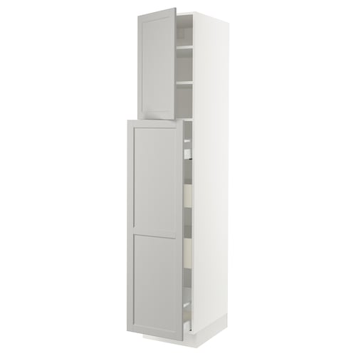 A white SEKTION kitchen cabinet with bevelled edges and adjustable shelves. It has a modern, sleek design with a tall, rectangular shape.
