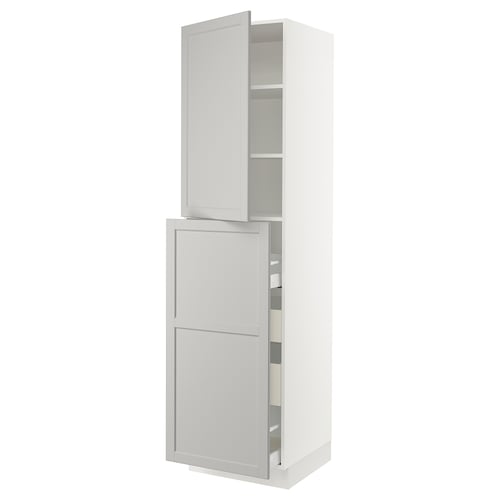 Ikea SEKTION light grey kitchen cabinet, tall with shelves and drawers.