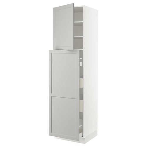 SEKTION white kitchen cabinet, light grey lerhyttan fronts, bevelled edges, tall unit with shelves, reinforced frame.