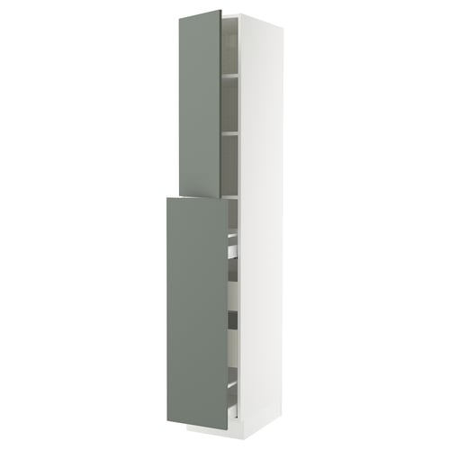Modern kitchen unit by IKEA, featuring grey-green doors, a sleek design, and adjustable shelves.
