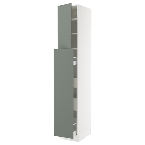 Modern kitchen cabinet in grey-green, with adjustable shelves and soft-closing hinges. Tall, rectangular shape with a sleek finish.