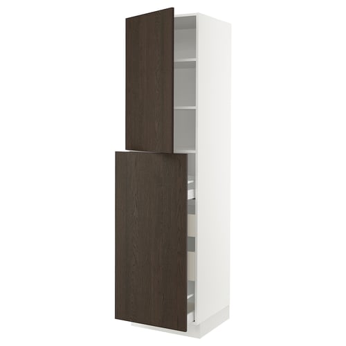 SEKTION white kitchen cabinet with dark brown wood doors, tall and narrow, with adjustable shelves.