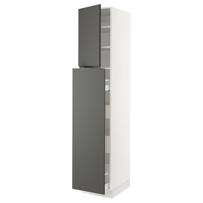 White tall grey cabinet, minimalist modern design, dark grey removable doors.