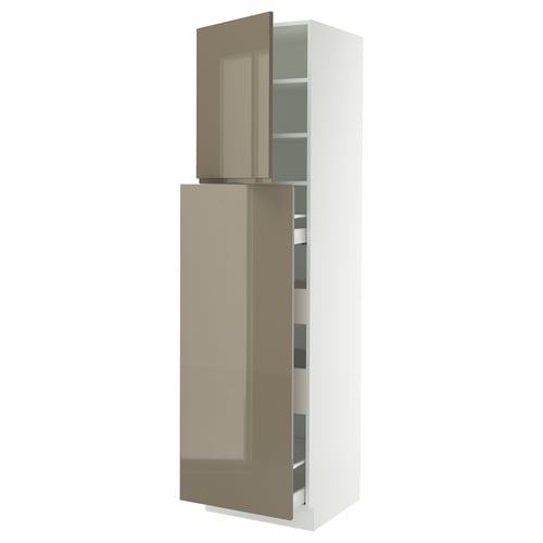 Beige-brown ikea SEKTION cabinet with glossy handles, shelves, and adjustable drawer.