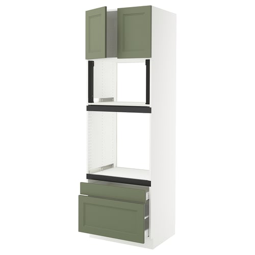An ikea SEKTION kitchen cabinet with green-gray axstad doors and drawers, featuring a modern design.