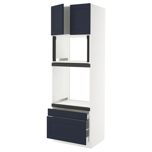 White and navy blue kitchen cabinet with two doors and two drawers, modern and traditional design.