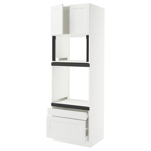 White SEKTION kitchen unit with drawers, doors, and open shelves.