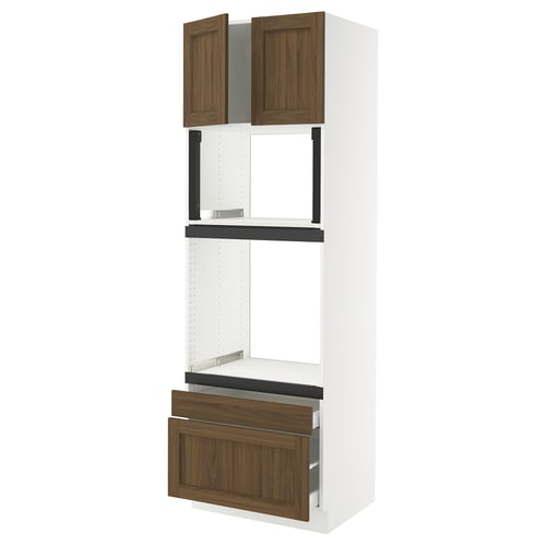 Wooden-trimmed white kitchen cabinet with 2 drawers and 2 upper doors.