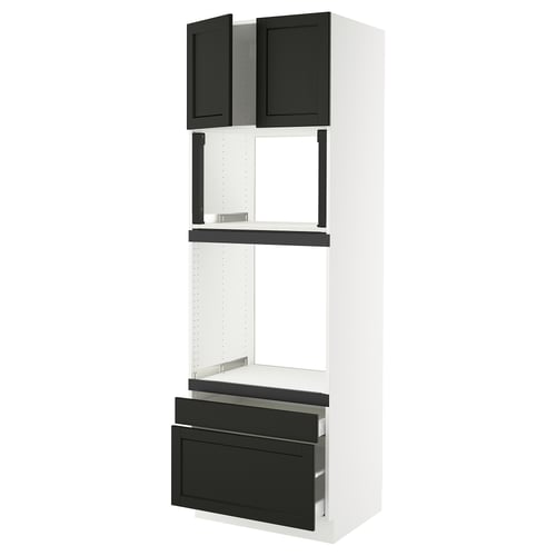 A white SEKTION kitchen unit with black drawers and cabinets. The design open shelves and closed storage.